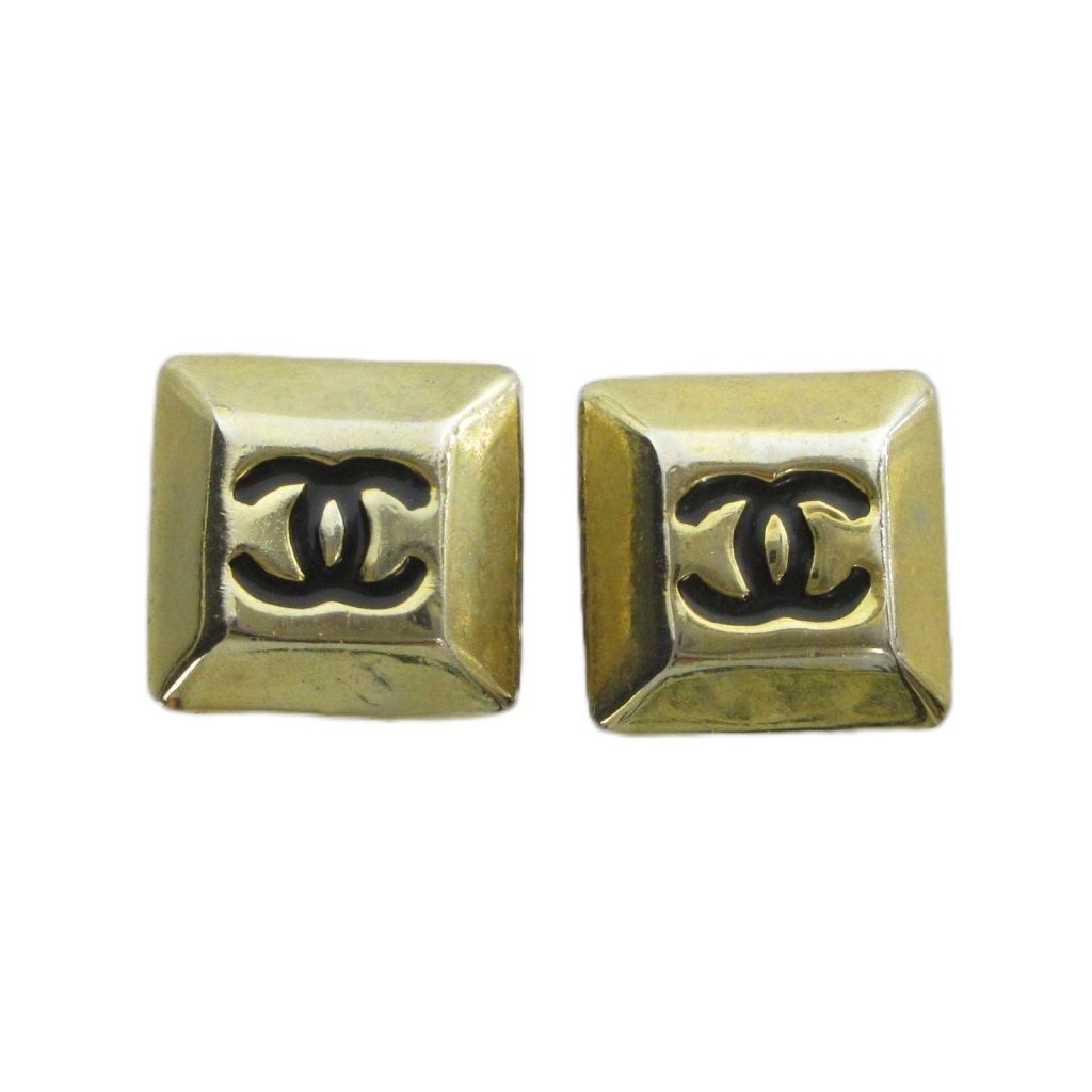 Chanel Vintage Earrings Clip on CC Logo Square Gold