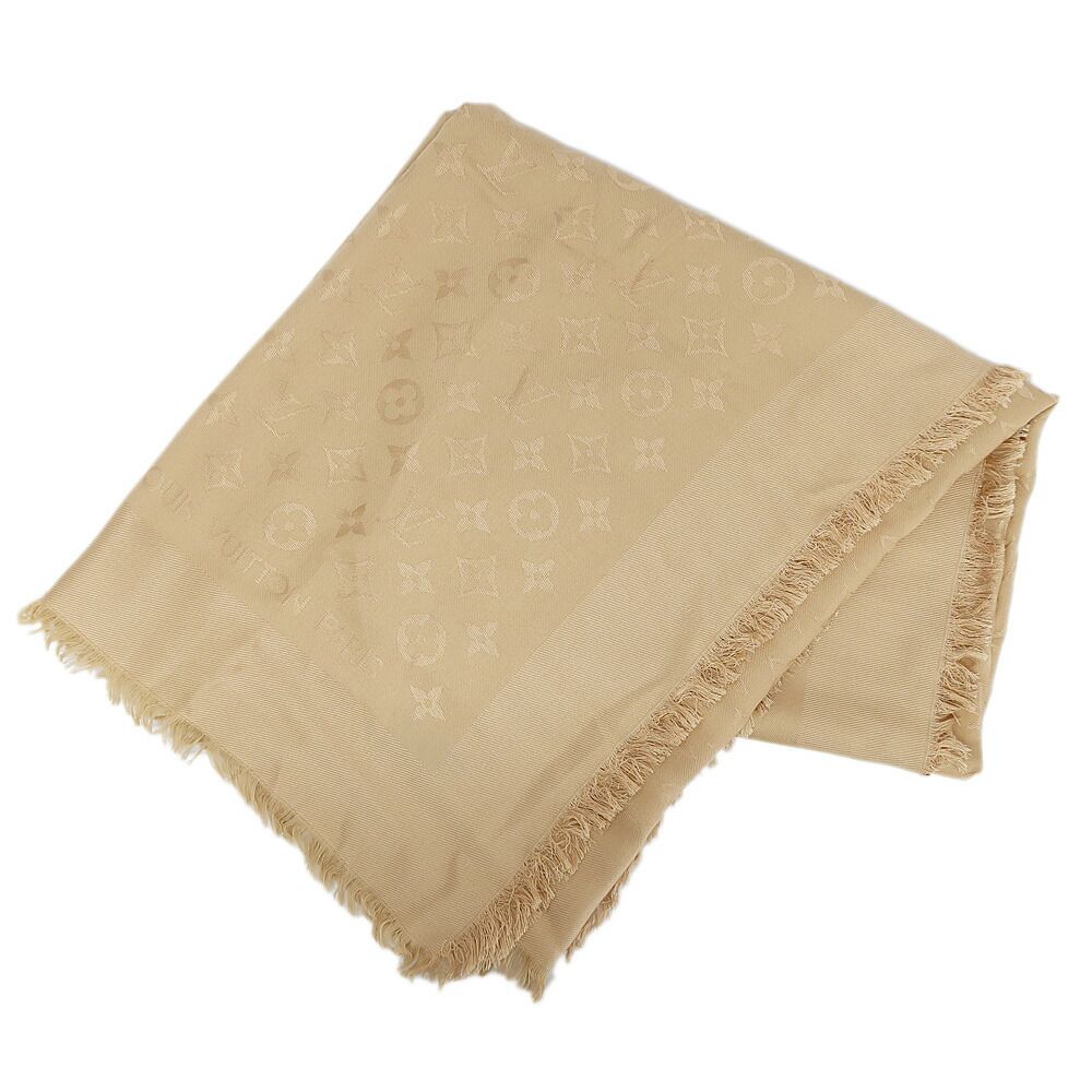 Louis Vuitton Heaven Shawl Large Monogram Fringe Silk Wool Beige Scarf