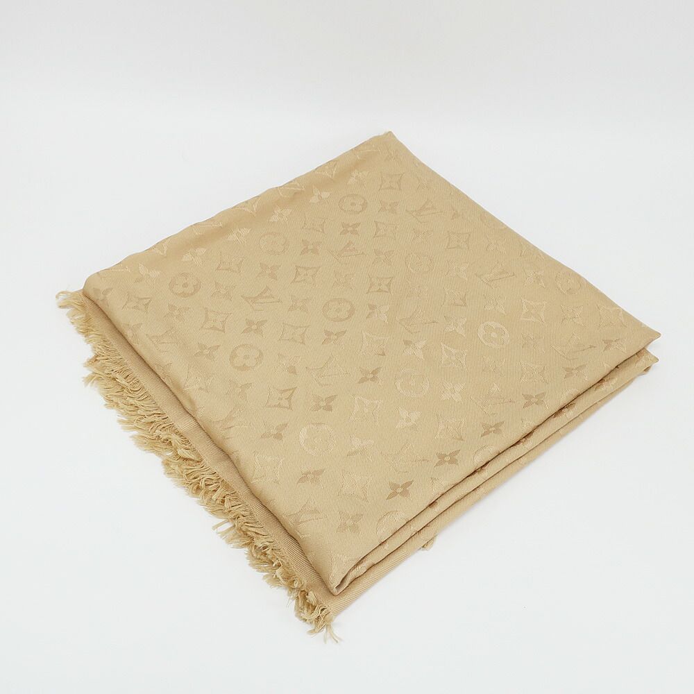 Louis Vuitton Heaven Shawl Large Monogram Fringe Silk Wool Beige Scarf — view 3