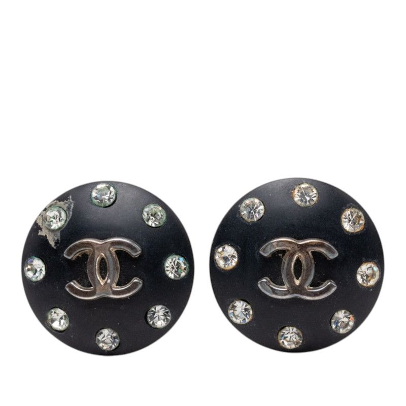 Chanel CC Logo Round Earrings Black Plated Rhinestone