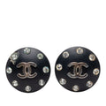 Chanel CC Logo Round Earrings Black Plated Rhinestone