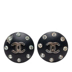 Chanel CC Logo Round Earrings Black Plated Rhinestone