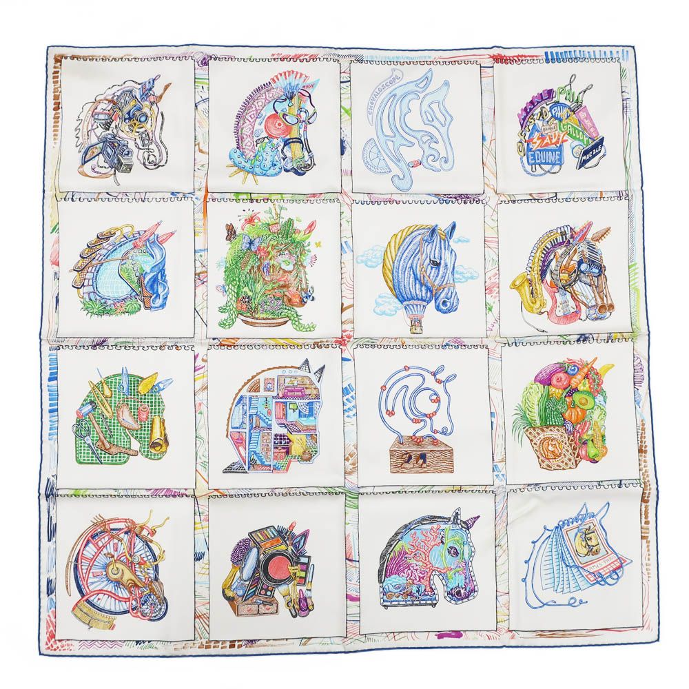 Hermes Heaven Carre 90 Chevaloscope Scarf Silk Blue Blanc Multicolor
