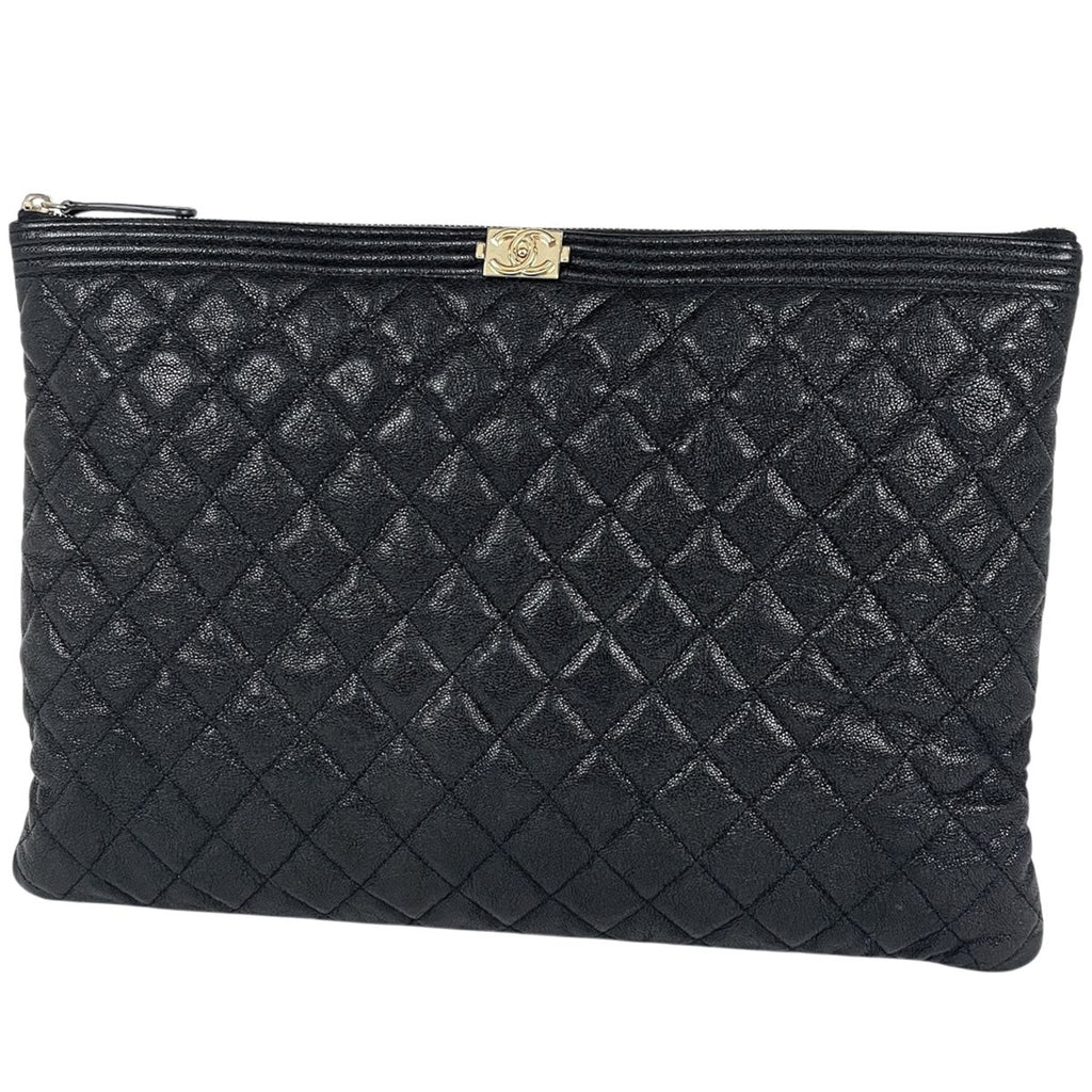 Chanel Boy Clutch CC Logo Quilted Caviar Leather Black