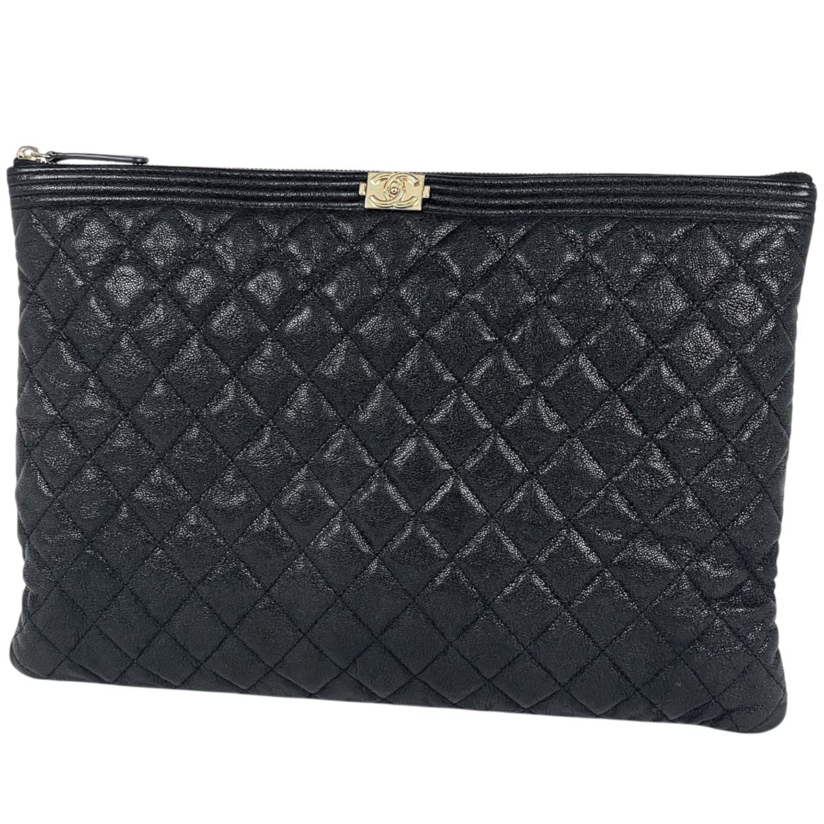 Chanel Boy Clutch CC Logo Quilted Caviar Leather Black