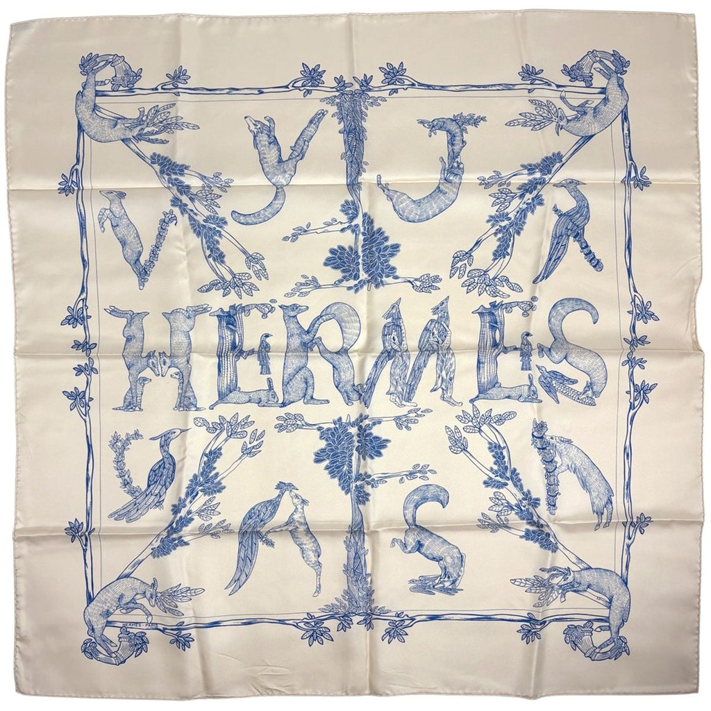 Hermes Carre 90 Animal Alphabet Scarf Silk Light Beige Blue