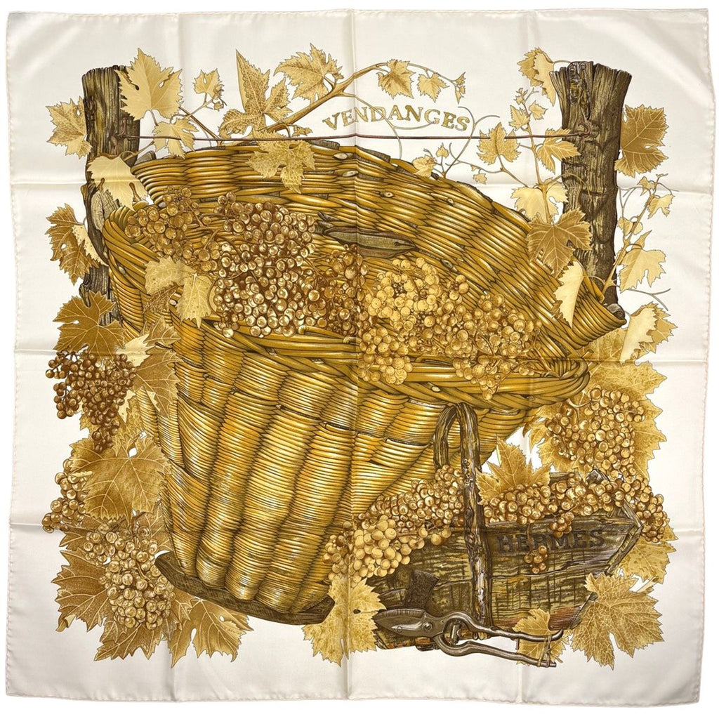 Hermes Carre 90 Vendanges Grape Harvest Scarf Silk Yellow Ivory
