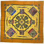 Hermes Carre 90 les Tambour Taiko Crown Scarf Silk Yellow Multicolor