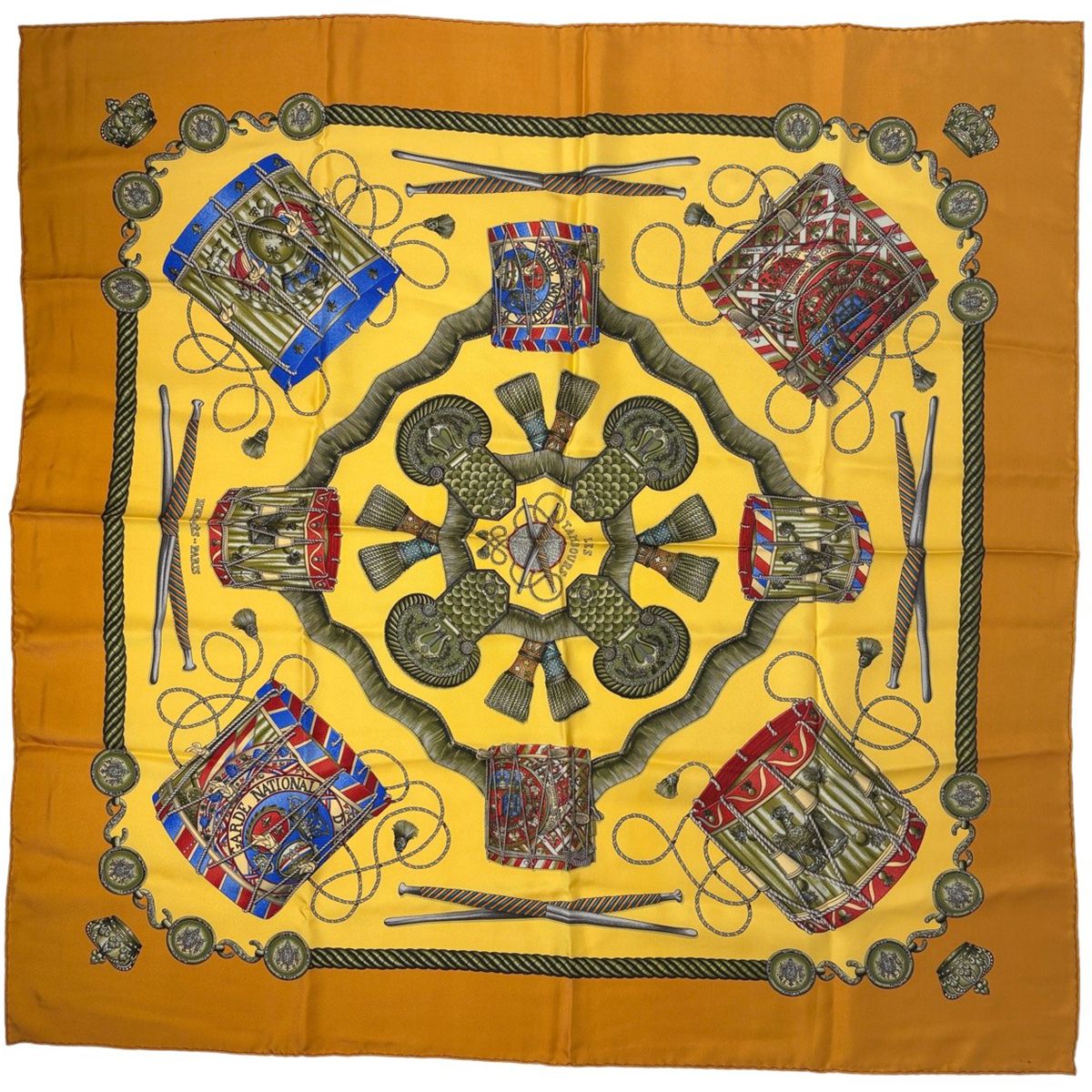 Hermes Carre 90 les Tambour Taiko Crown Scarf Silk Yellow Multicolor