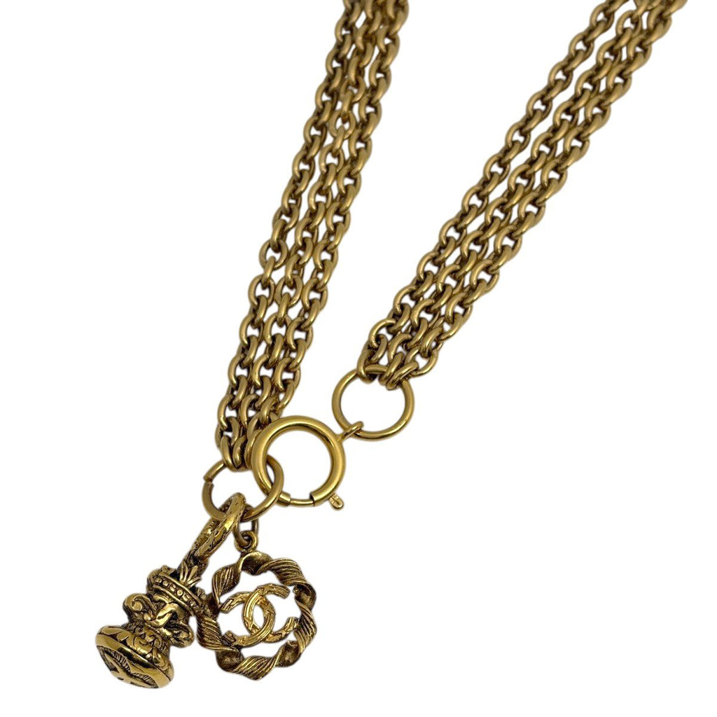 Chanel CC Logo Chain Necklace Triple Strand Long Gold Plated