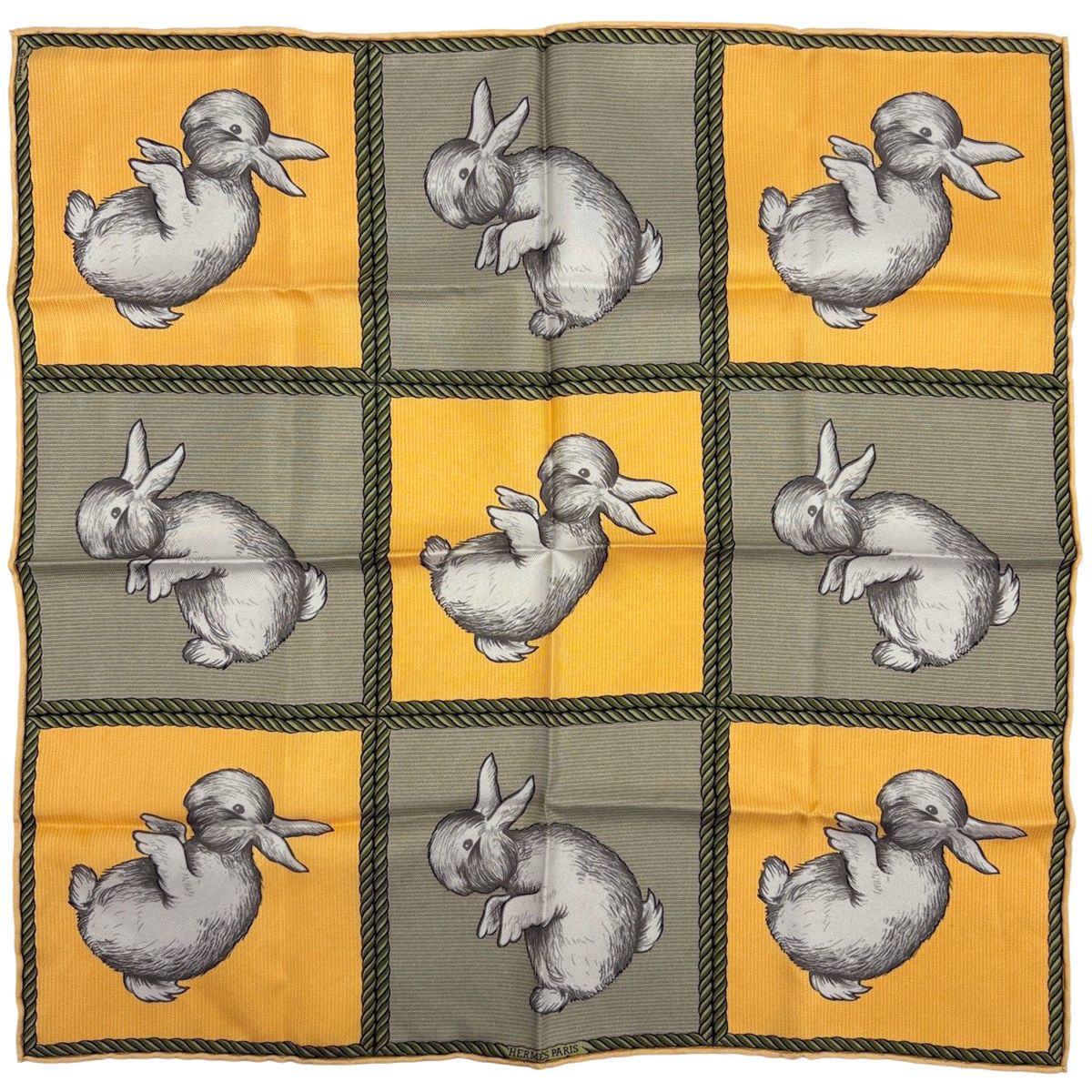 Hermes Rabbit Pattern Scarf Petit Carre Silk Yellow Green