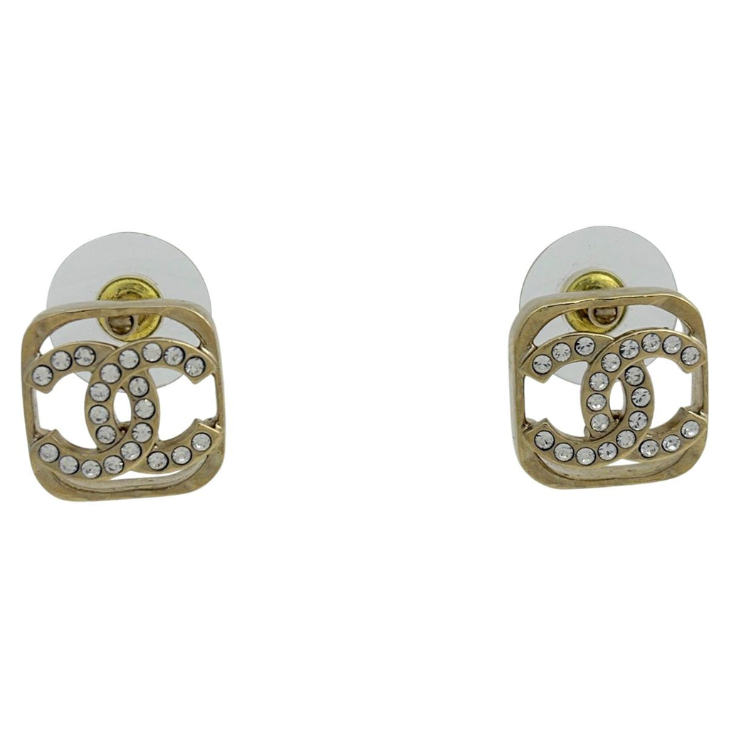 Chanel CC Logo Rhinestone Earrings Gold Plated
