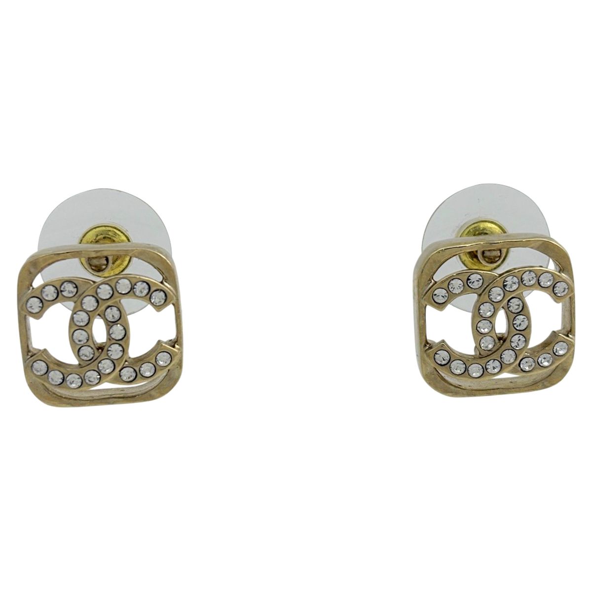 Chanel CC Logo Rhinestone Earrings Gold Plated