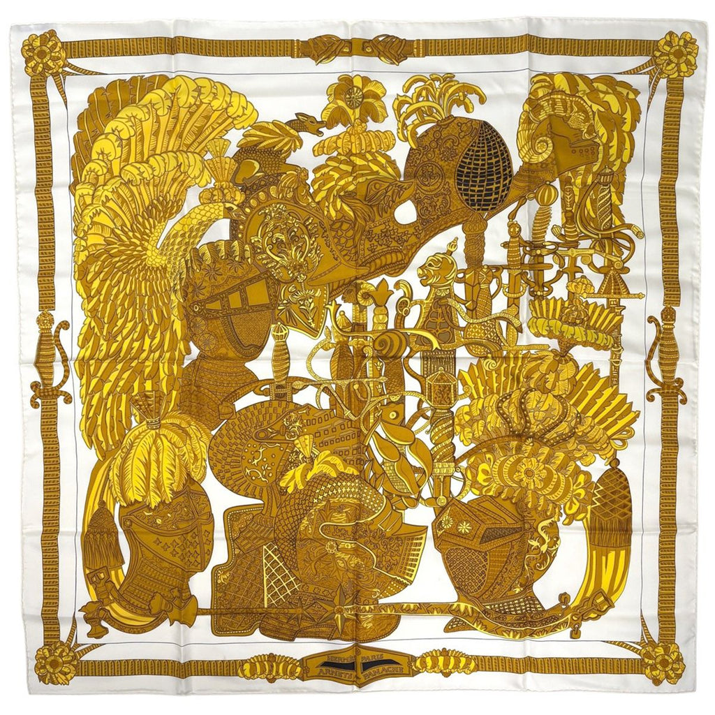 Hermes Carre 90 Armets en Panache Feathered Knight Helmet Scarf Silk White