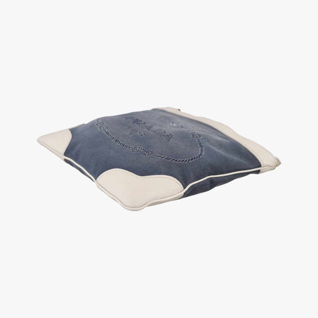 Prada Canapa Logo Jacquard Navy White Canvas Leather Shoulder — view 4