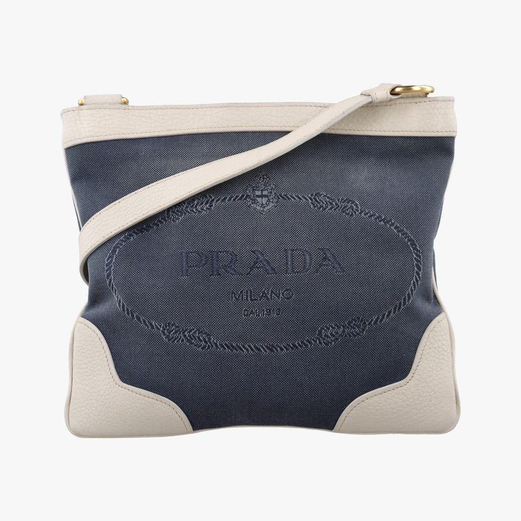 Prada Canapa Logo Jacquard Navy White Canvas Leather Shoulder