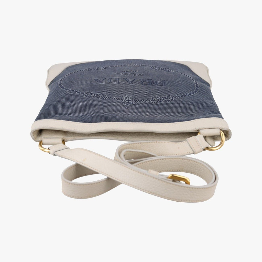Prada Canapa Logo Jacquard Navy White Canvas Leather Shoulder — view 8