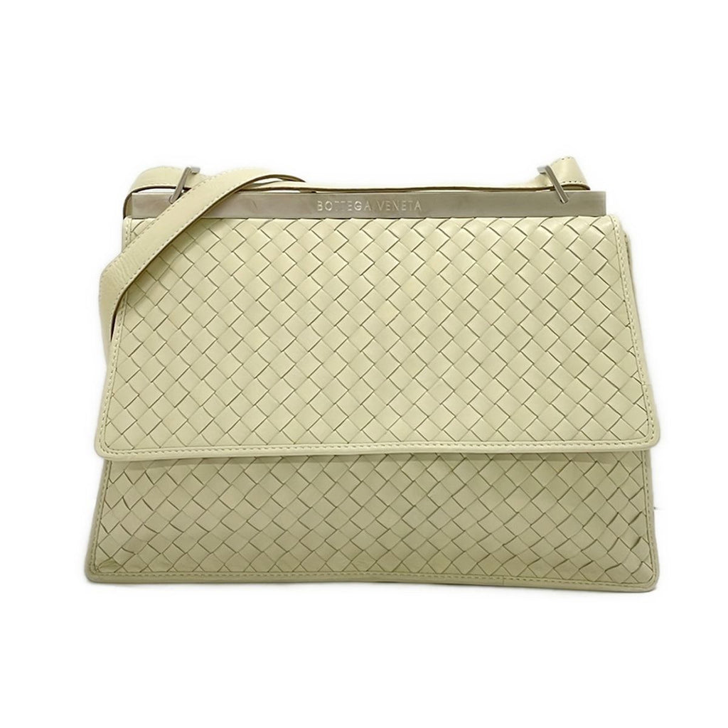 Bottega Veneta Shoulder Bag Ivory Silver Intrecciato Leather