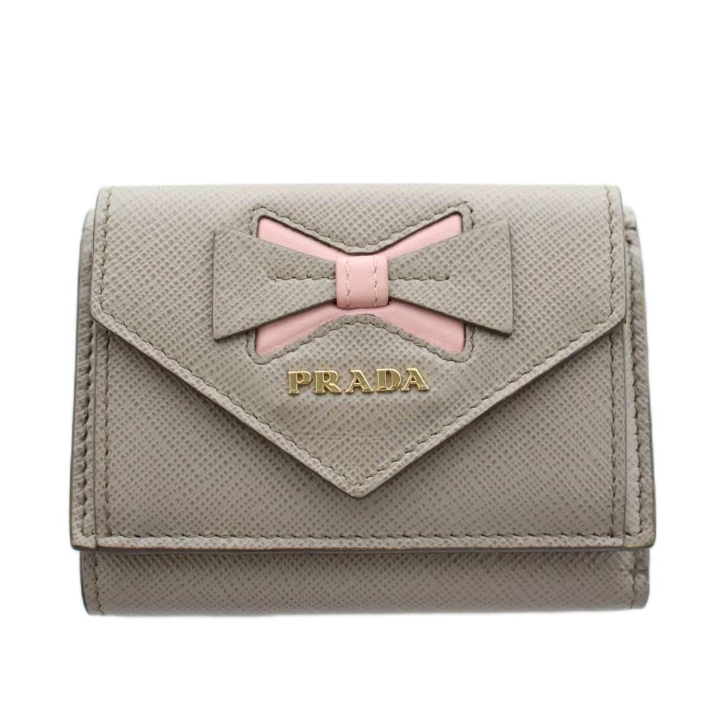 Prada Saffiano Wallet Trifold Coin Purse Leather Gray Pink