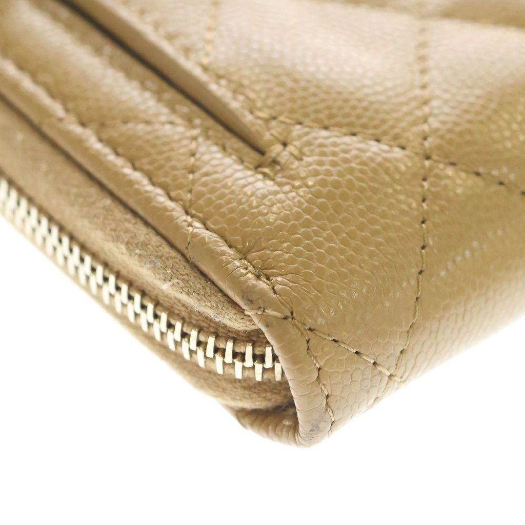 Chanel CC Logo Quilted Caviar Leather Round Zip Compact Wallet Beige Gold — view 6