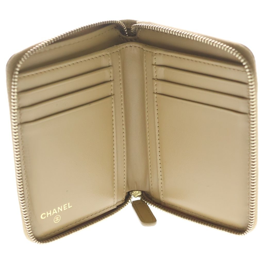 Chanel CC Logo Quilted Caviar Leather Round Zip Compact Wallet Beige Gold — view 4