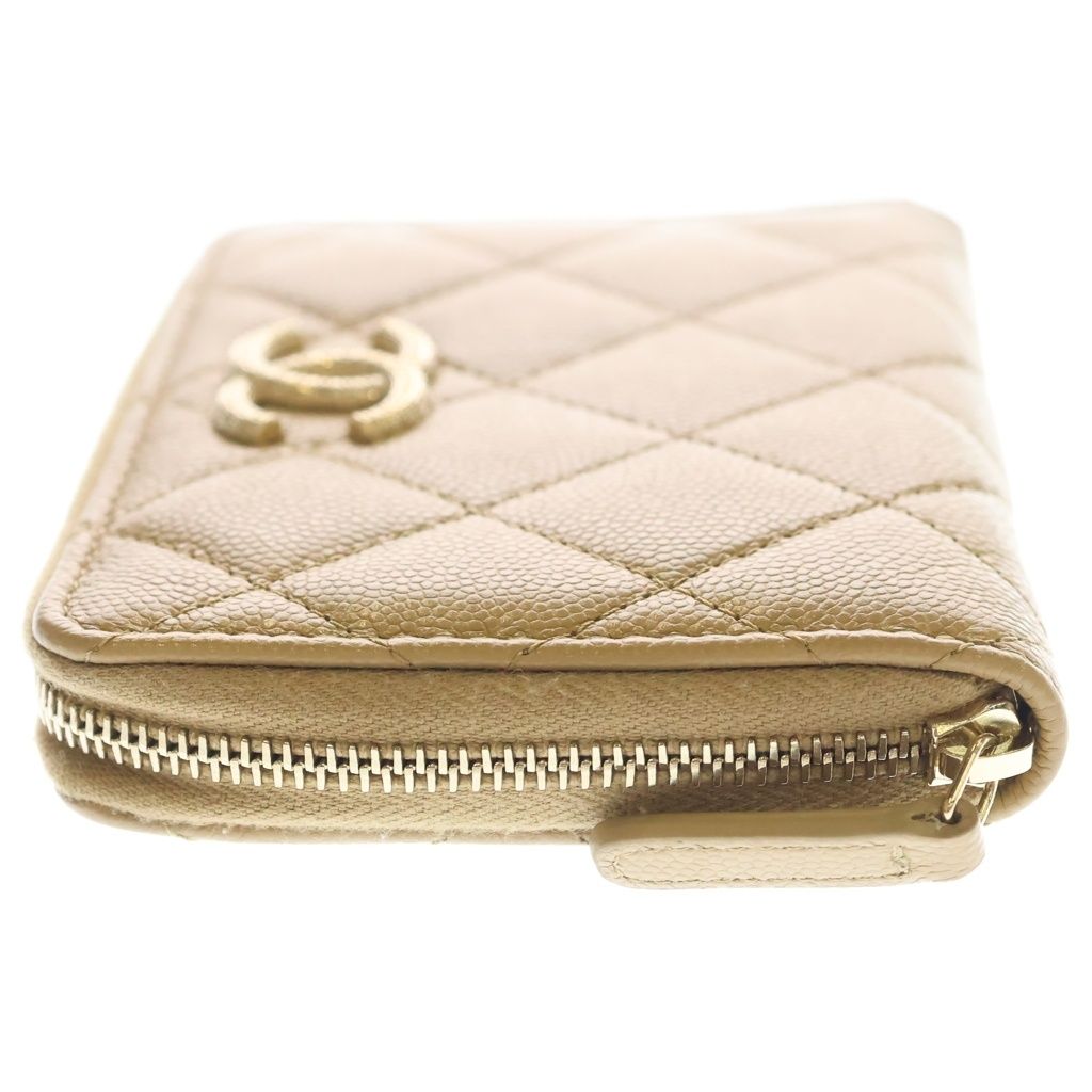 Chanel CC Logo Quilted Caviar Leather Round Zip Compact Wallet Beige Gold — view 3