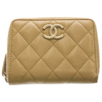 Chanel CC Logo Quilted Caviar Leather Round Zip Compact Wallet Beige Gold