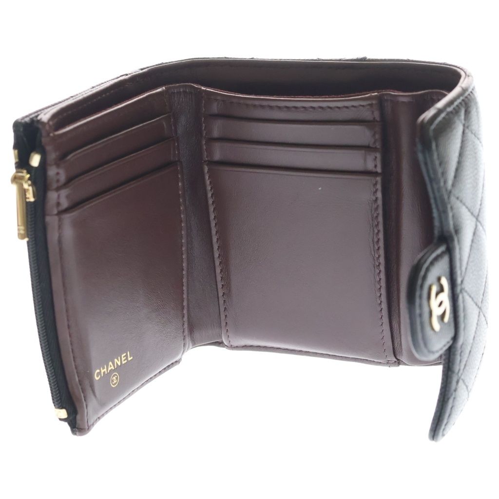 Chanel CC Logo Quilted Caviar Leather Compact Wallet Trifold Black Gold — view 4