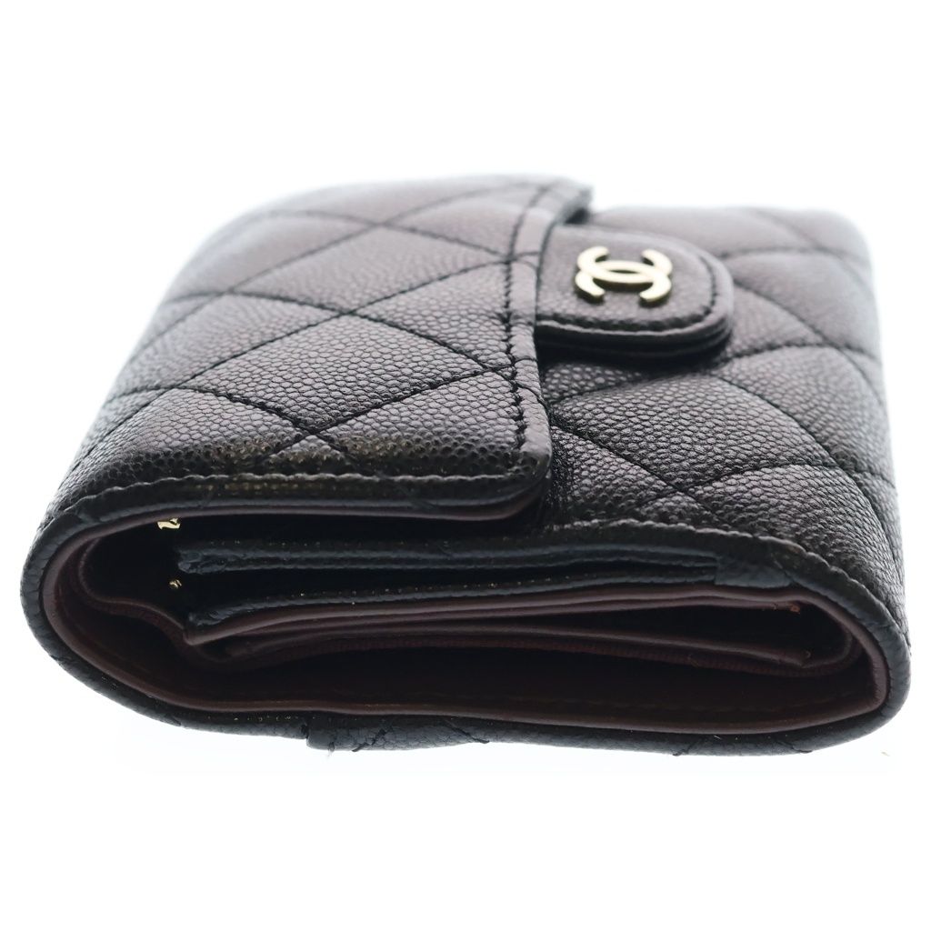 Chanel CC Logo Quilted Caviar Leather Compact Wallet Trifold Black Gold — view 3