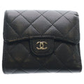 Chanel CC Logo Quilted Caviar Leather Compact Wallet Trifold Black Gold