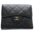 Chanel CC Logo Quilted Caviar Leather Compact Wallet Trifold Black Gold