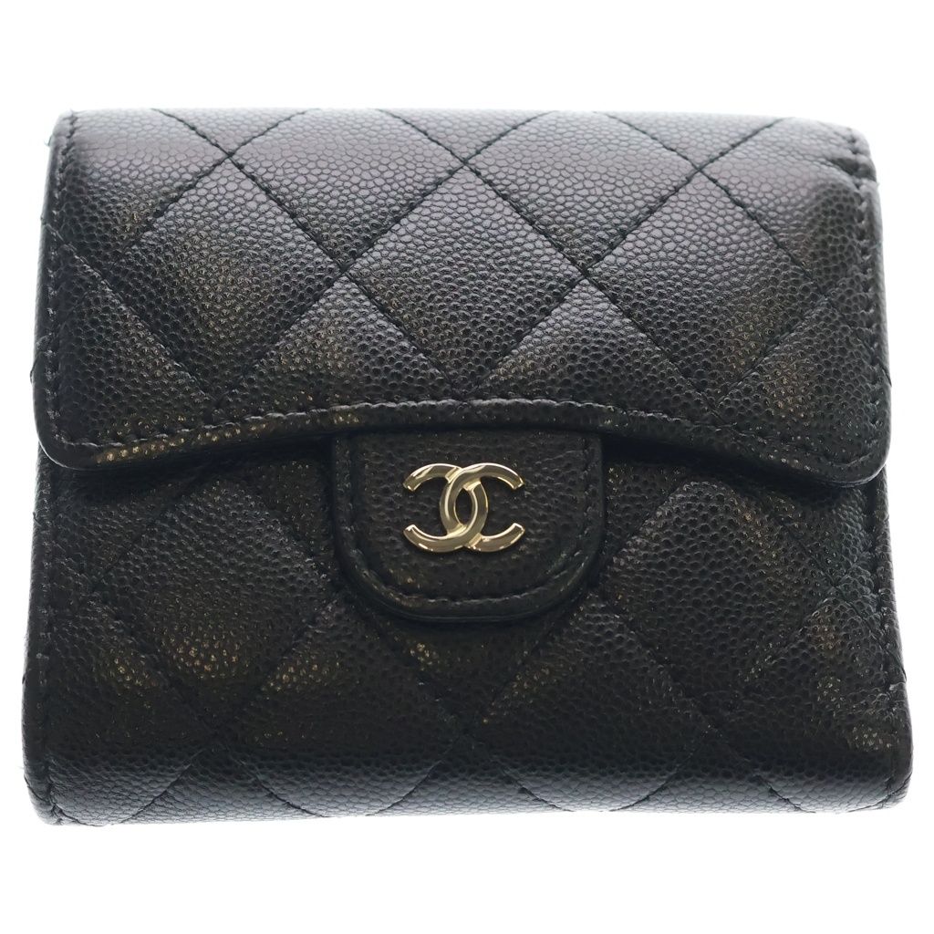 Chanel CC Logo Quilted Caviar Leather Compact Wallet Trifold Black Gold