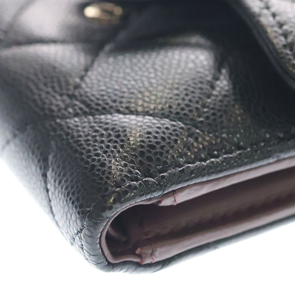 Chanel CC Logo Quilted Caviar Leather Compact Wallet Trifold Black Gold — view 5