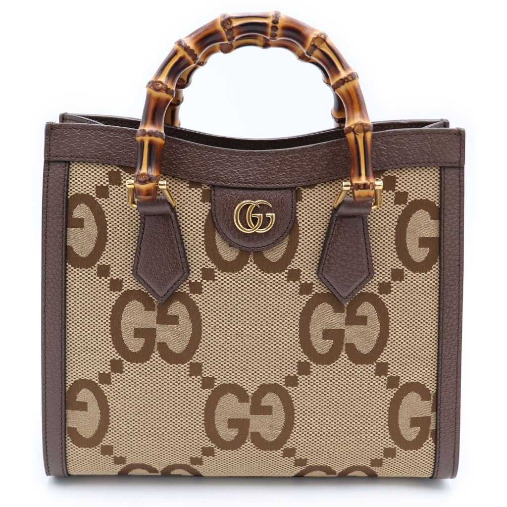 Gucci Jumbo GG Diana Bamboo Canvas Leather 2-Way Shoulder Bag Brown