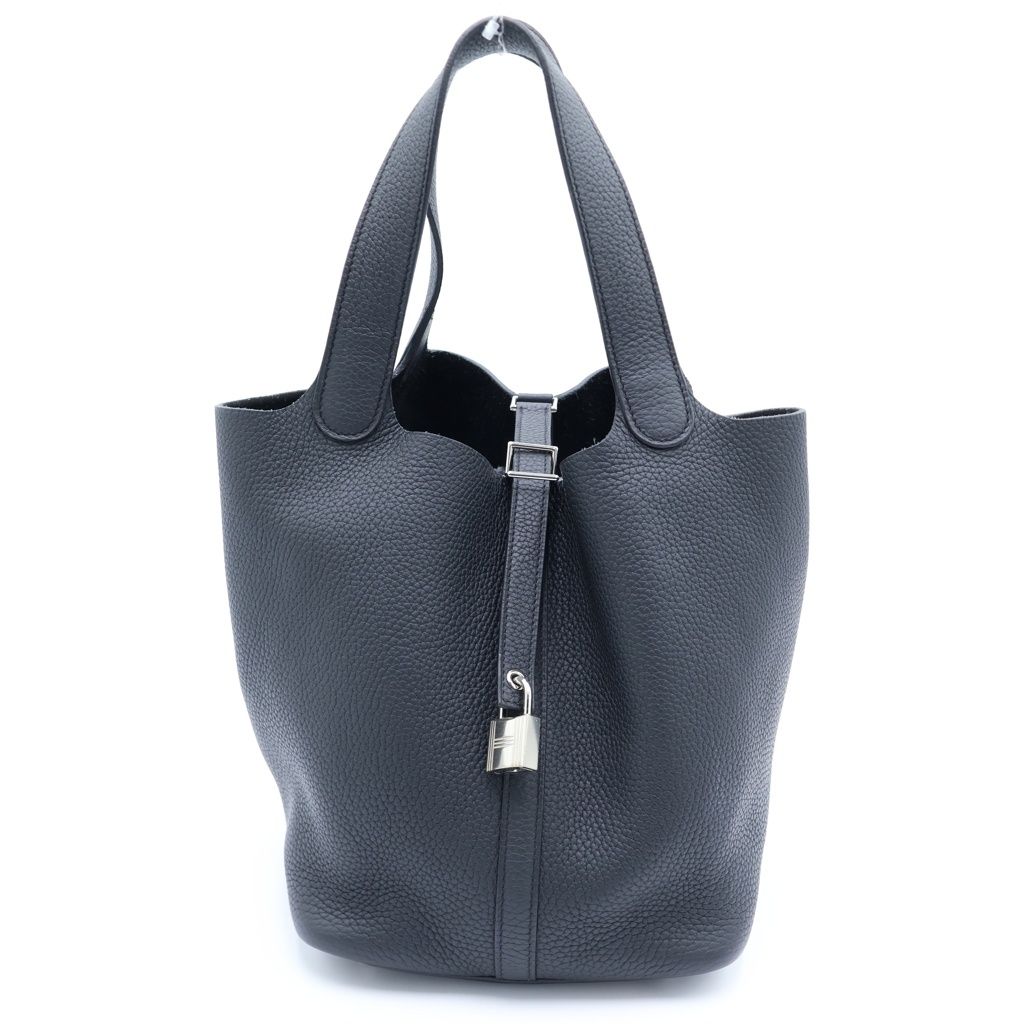 Hermes Picotin Lock MM Taurillon Clemence Silver Handbag Black