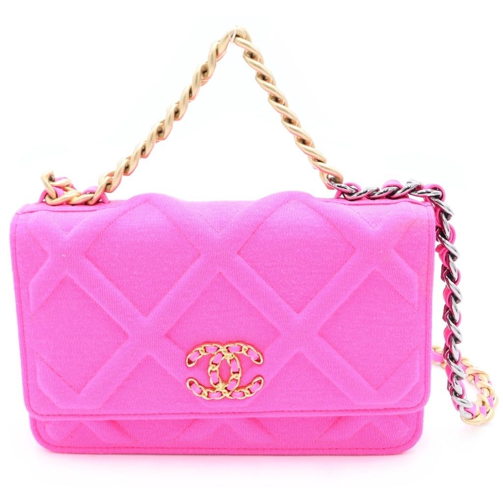 Chanel 19 Quilted CC Logo Jersey Lambskin Chain Shoulder Bag Pink