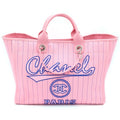 Chanel Deauville GM Canvas Leather Silver 2-Way Chain Tote Plate Pink