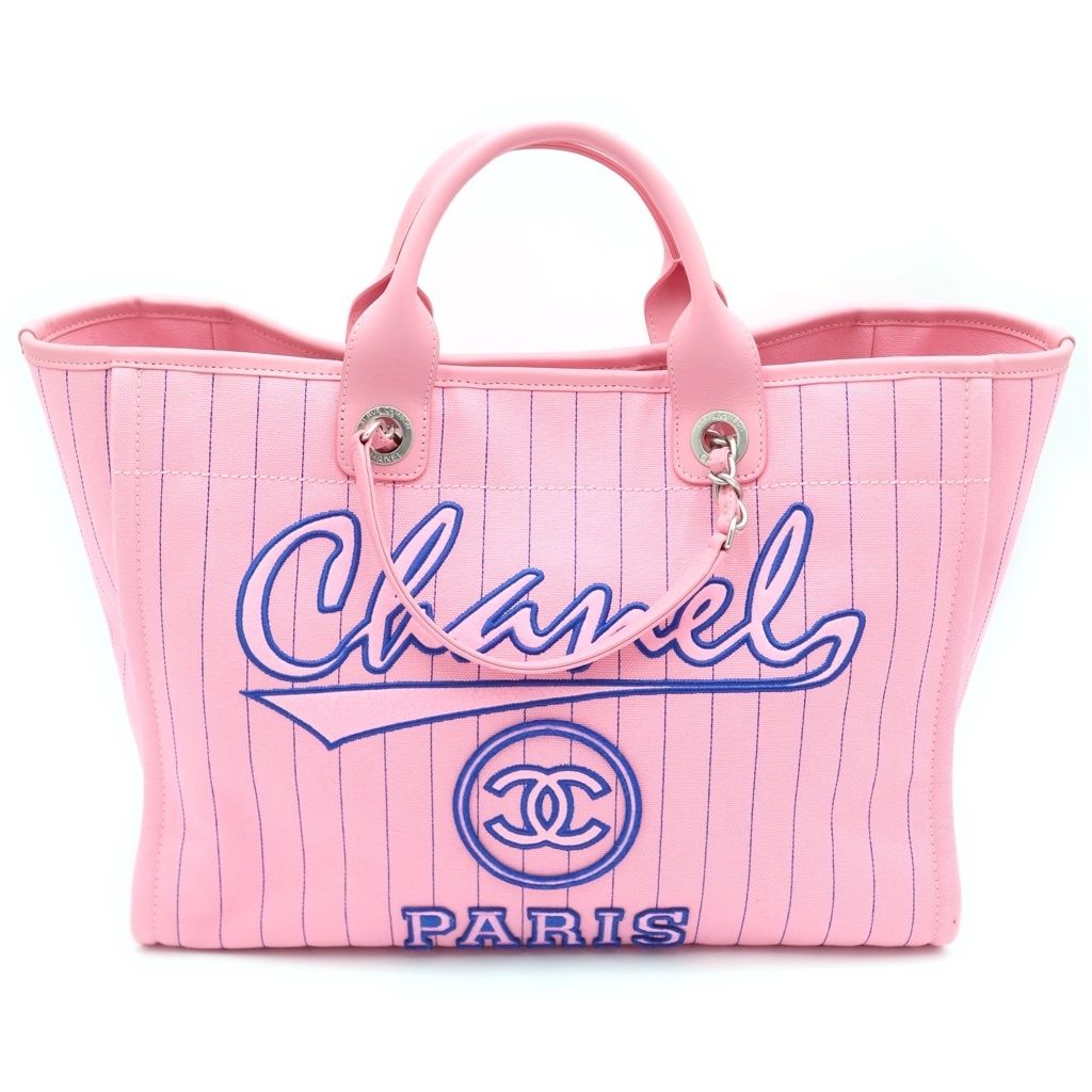 Chanel Deauville GM Canvas Leather Silver 2-Way Chain Tote Plate Pink