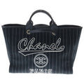 Chanel Deauville GM Canvas Leather Silver 2-Way Chain Tote Plate Black