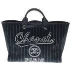 Chanel Deauville GM Canvas Leather Silver 2-Way Chain Tote Plate Black