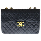 Chanel Deca Quilted 34 Lambskin Leather S Flap Chain Shoulder Bag Gold Black