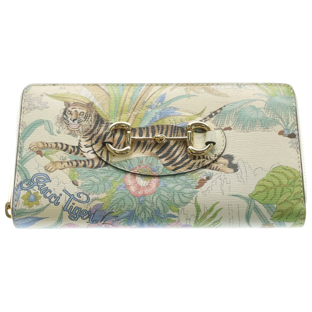 Gucci Horsebit Tiger Leather Gold Zip Around Wallet Ivory Multicolor