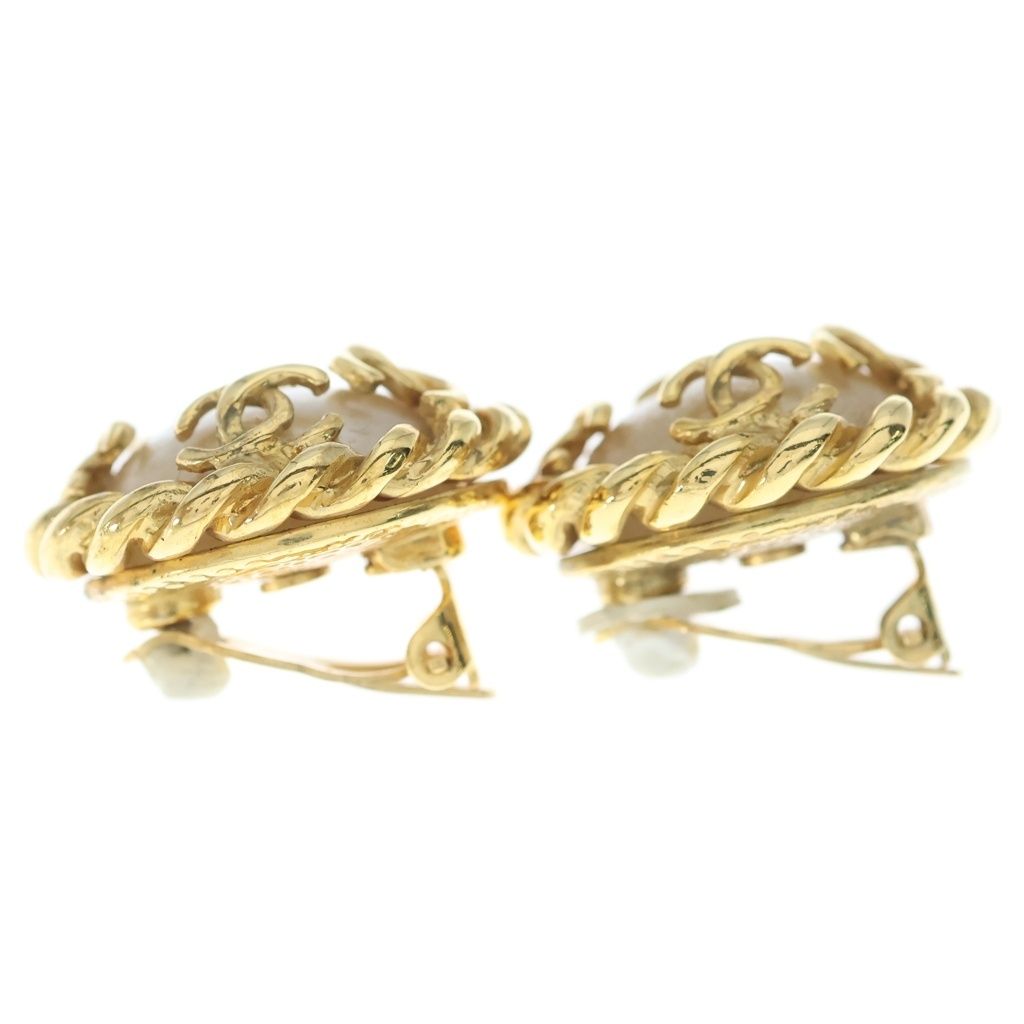 Chanel CC Logo Faux Pearl Earrings Gold White — view 4