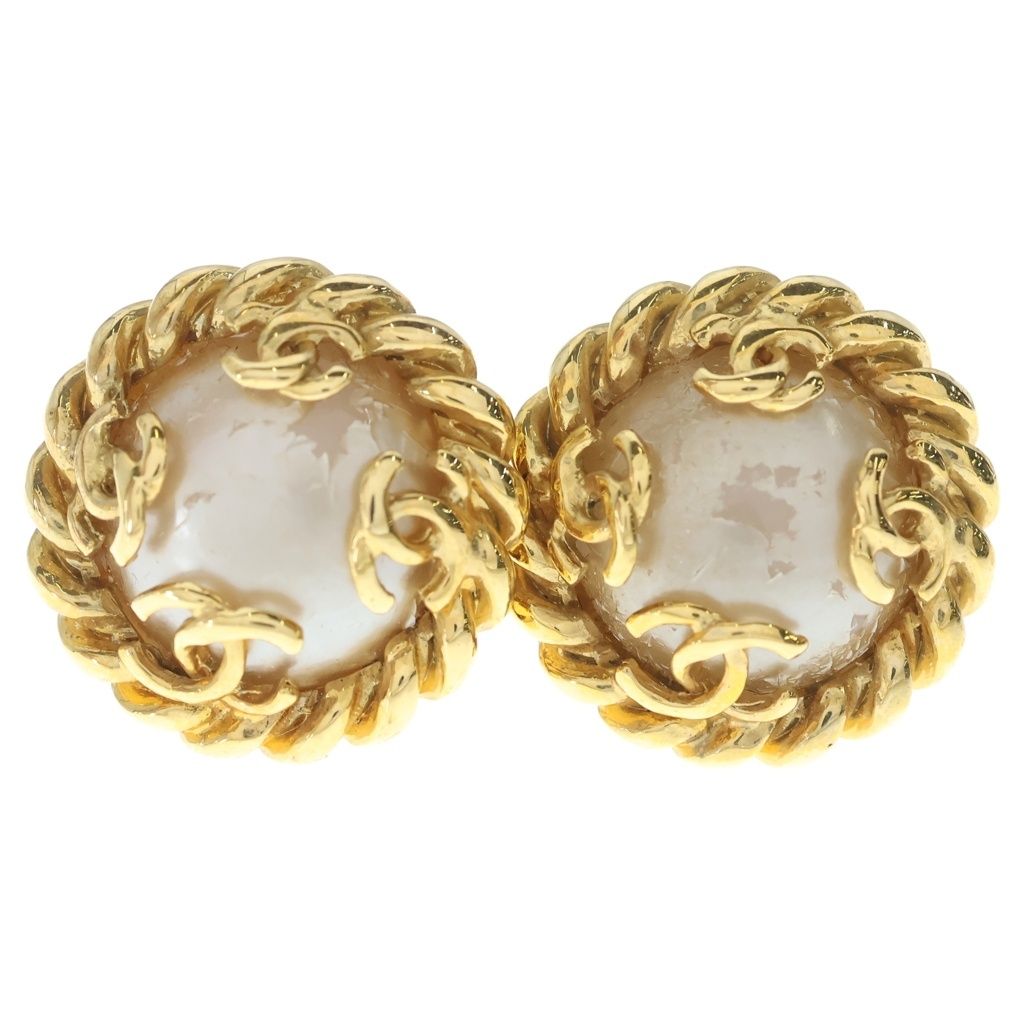 Chanel CC Logo Faux Pearl Earrings Gold White