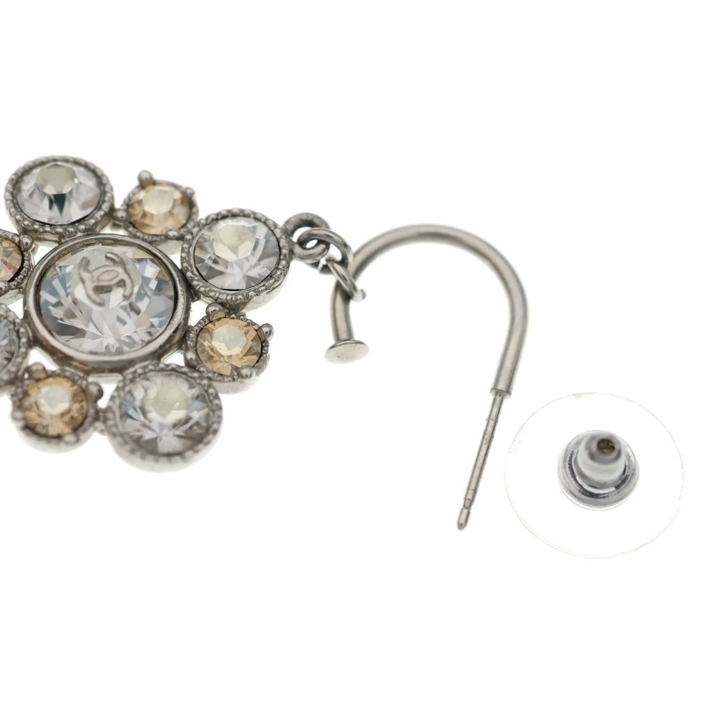 Chanel CC Logo Rhinestone Hoop Earrings Silver Metal — view 6