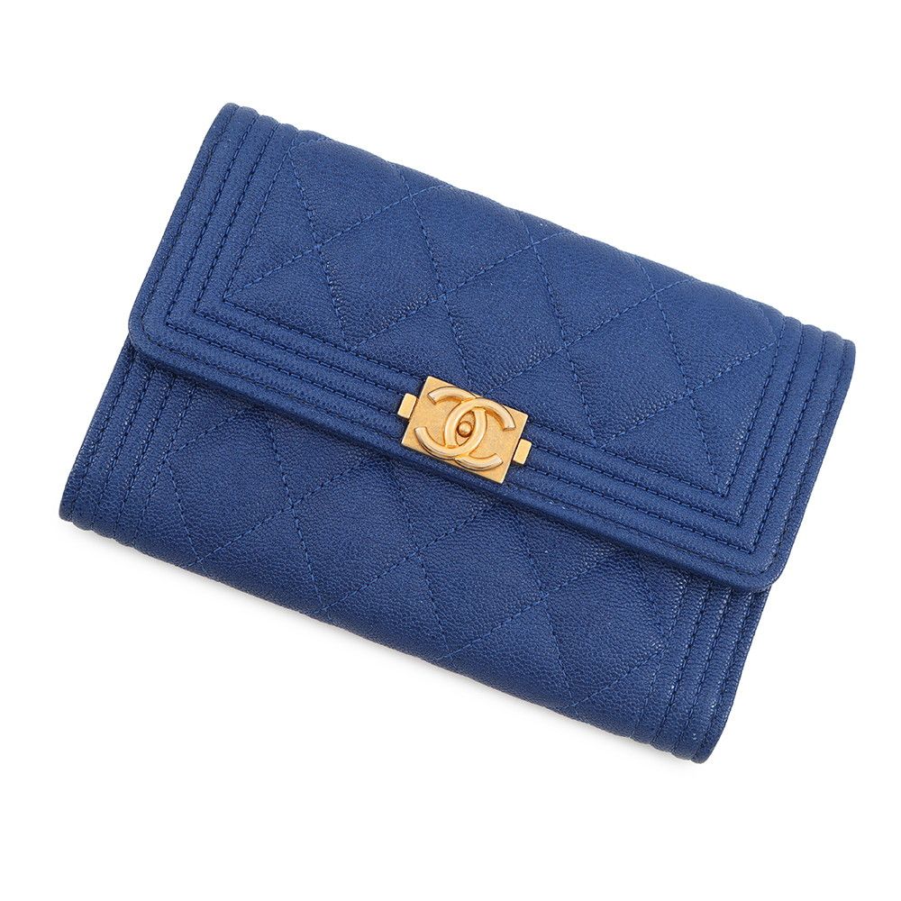 Chanel Trifold Wallet Boy CC Logo Quilted Caviar Leather