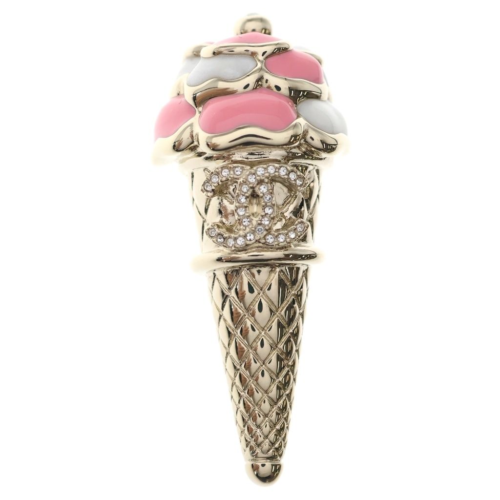 Chanel 26c Rhinestone Decorative CC Logo Ice Cream Brooch Gold Pink