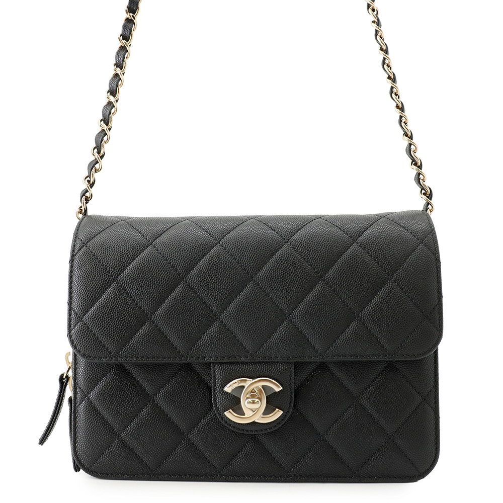 Chanel Chain Shoulder Bag CC Logo Quilted Flap Small Caviar Leather Black