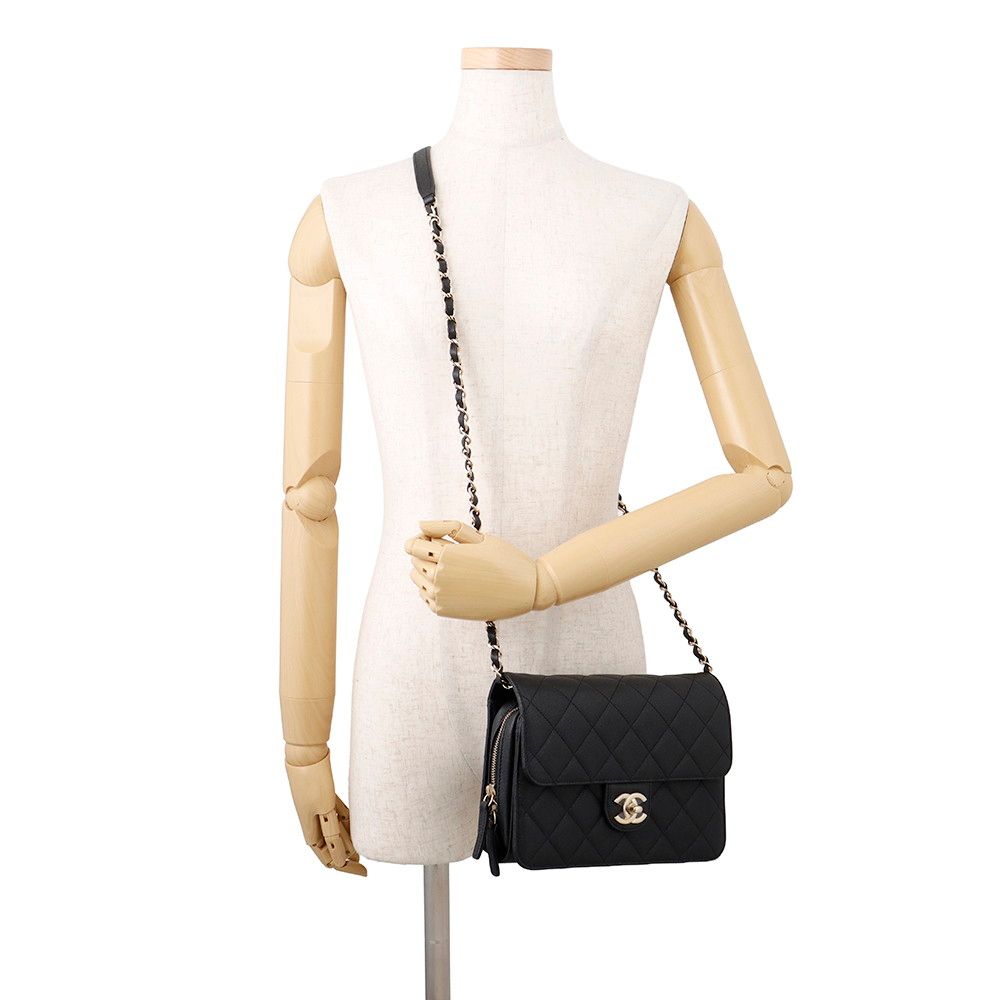 Chanel Chain Shoulder Bag CC Logo Quilted Flap Small Caviar Leather Black — view 4