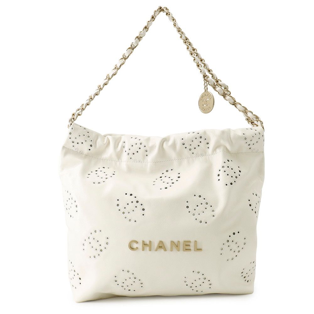 Chanel Chain Shoulder Bag Quilted Perforated 22 Small White